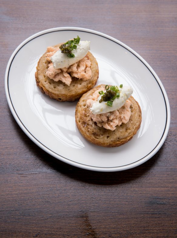 Trout rillettes on crumpets.