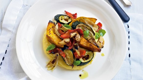 Soft polenta with roasted vegetables.