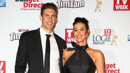 Shaun Hampson and Megan Gale arrive at the 57th Annual Logie Awards at Crown Palladium on May 3, 2015 in Melbourne, Australia.