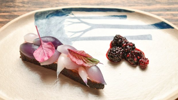 Dry-aged duck with blackberries and amaranth.