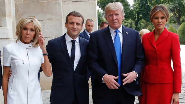 French President Emmanuel Macron with wife Brigitte with US President Donald Trump and first lady Melania Trump. 
