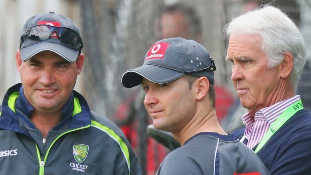 A different time:  Mickey Arthur as Australia coach with former captain Michael Clarke and chairman of selectors John Inverarity in Melbourne in 2012.
