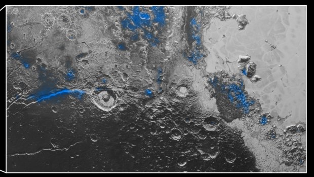 Frozen water patches on Pluto's surface (in blue). Confusingly, NASA said that these patches are actually a reddish colour from chemicals in the ice.