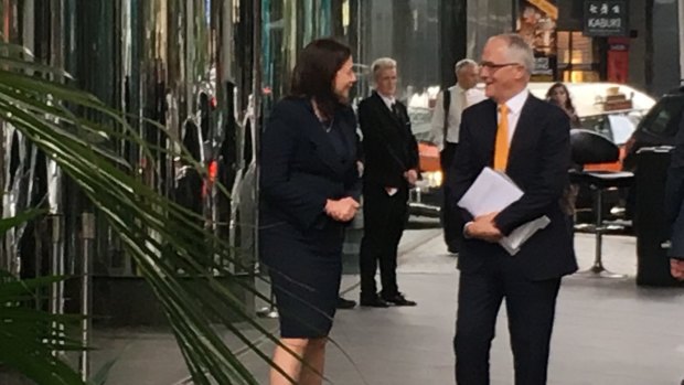 Queensland Premier Annastacia Palaszczuk and Prime Minister Malcolm Turnbull talk outside Waterfront Place in Brisbane.