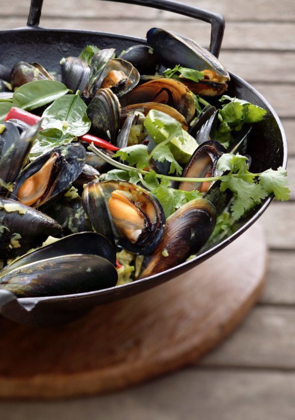 Mussels with green garlic, coriander, kaffir lime and coconut milk.