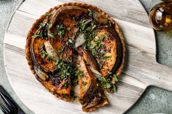 Pumpkin, feta and shallot tart.