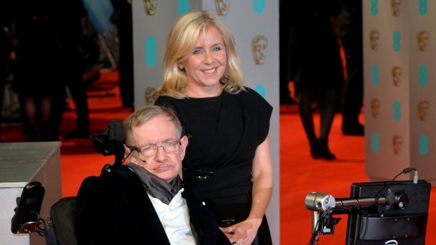 Lucy Hawking and Stephen Hawking attend the BAFTAs at The Royal Opera House on February 8, 2015 in London, England.