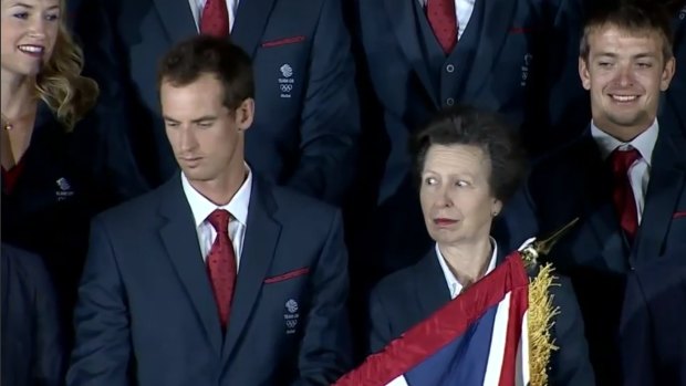 Aye, your majesty: Princess Anne reacts as Andy Murray struggles with the British flag.