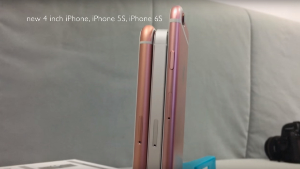 The supposed iPhone SE, left, is similar size and thickness to the iPhone 5s (centre) but with rounded edges like the iPhone 6s.
