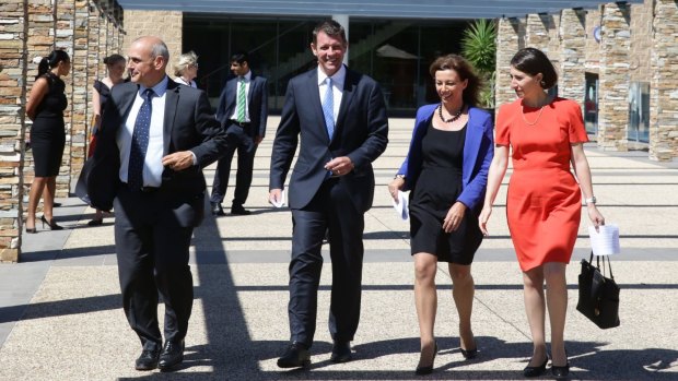  NSW Premier Mike Baird, centre, with Maitland candidate Steve Thomson, Newcastle candidate Karen Howard and Transport Minister Gladys Berejiklian in Newcastle on Tuesday. 