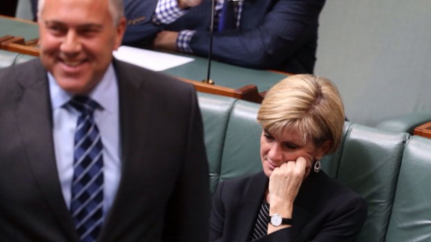 Tension rises on frontbench: Joe Hockey and Julie Bishop in Parliament on Monday.