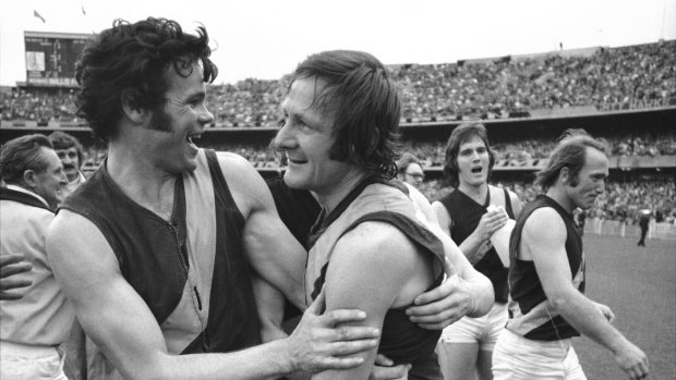 Francis Bourke and Kevin Sheedy celebrate after the 1974 grand final.