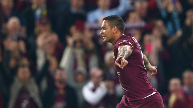 Justin Hodges celebrates after slotting a conversion to bring down the curtain on his State of Origin career.