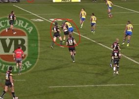 Soward is hit late by Pauli Pauli. The smaller red circle indicates the position of the ball at time of impact.
