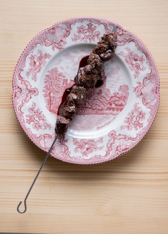 Burru (kangaroo) skewer with local river mint.