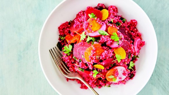 Back to the roots bowl with baby beetroot, millet and chilli herb dressing.