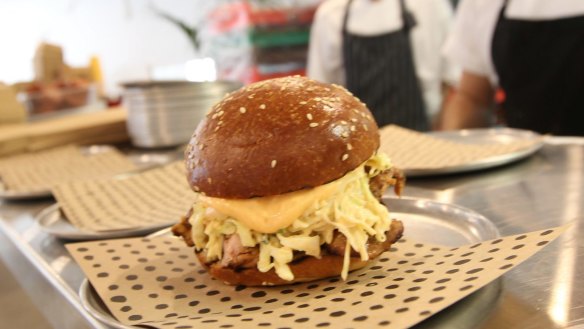 A burger on the pass at Churburger in Surry Hills.