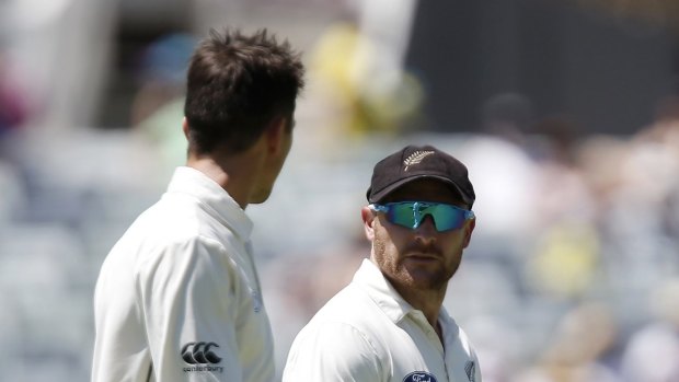 New Zealand captain Brendon McCullum, right, talks to teammate Trent Boult in Perth on Friday.