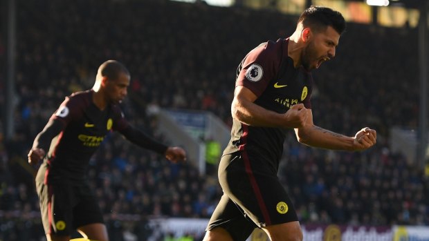 Sergio Aguero celebrates after scoring his team's first goal against Burnley on Saturday.