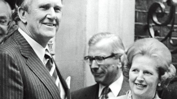 Then British Prime Minister Margaret Thatcher with Malcolm Fraser in London in 1980.