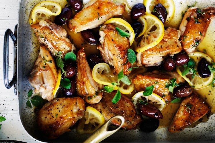 Neil Perry's braised chicken with lemon, oregano and olives.