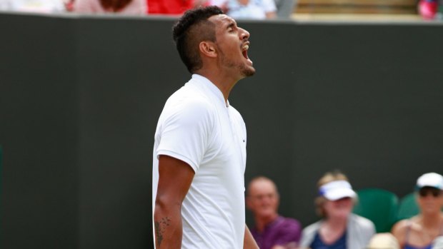 Nick Kyrgios reacts during his first round match against Radek Stepanek of the Czech Republic at Wimbledon on Tuesday.