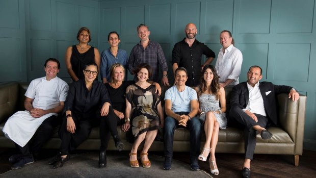 Chefs and Authors. Back Row:- Indira Naidoo, Sharon Salloum, Mike McEnearney, Alessandro Pavoni, Neil Perry. Front Row:- Justin North, Kylie Kwong, Christine Manfield, Julie Gibbs, Giovanni Pilu, Silvia Colloca, Guillaume Brahimi. Photo: supplied.
