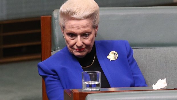 Bronwyn Bishop, recently resigned from the speakership, looks on from the backbench. 