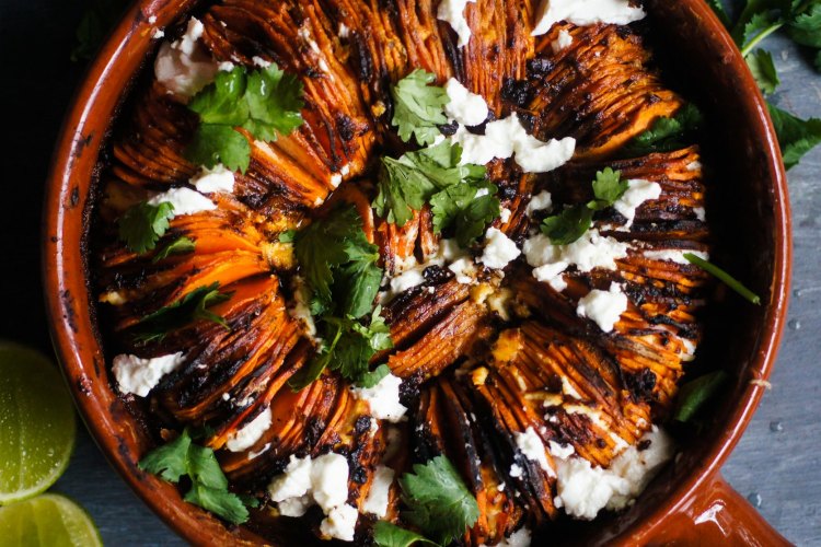 Maple and chipotle spiced sweet potato gratin.