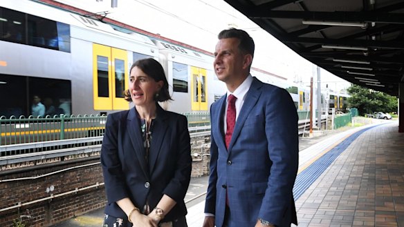 Premier Gladys Berejiklian and Transport Minister Andrew Constance at Central Station on Wednesday.
