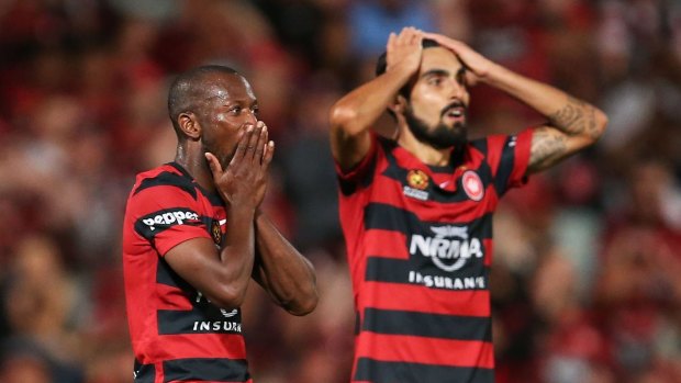 GOAL DROUGHT:  Romeo Castelen of the Wanderers reacts after a missed goal opportunity during game between Western Sydney Wanderers and Adelaide United at Pirtek Stadium (Photo by Brendon Thorne/Getty Images)