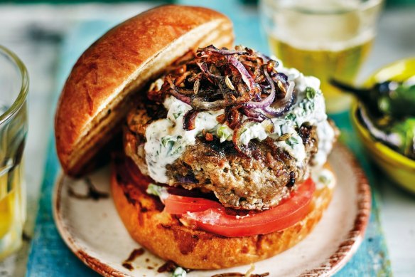 Anjum Anand's 'best-ever' spiced beef burger with crispy onions.