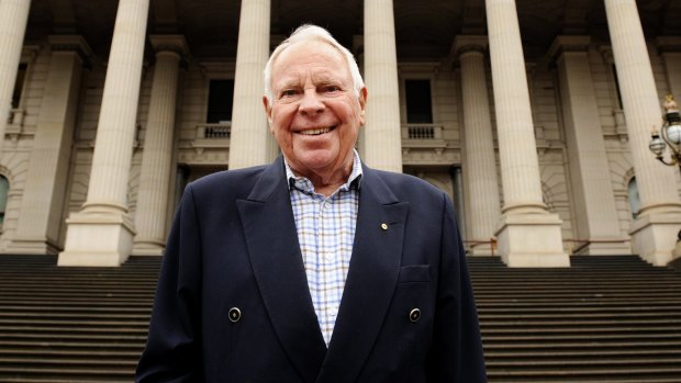 Harry Gordon on the steps of Melbourne's Parliament House.