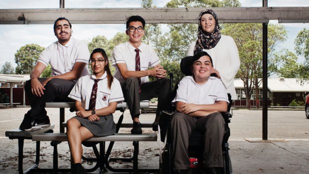 Teacher Amaney Khazma Roumieh (top right) and students Adam Raza, David Kammoun, Gilbert Tran and Sarahna Shrestha from Sir Joseph Banks High School.