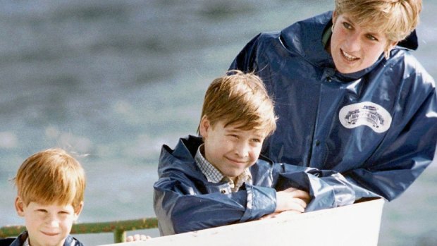 Diana, Princess of Wales, with her sons Prince Harry, then 7, and Prince William, then 9, in 1991. 