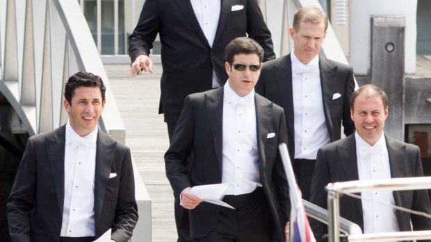 Ryan Stokes and his groomsmen leave his apartment in Walsh Bay to board a boat for his wedding.