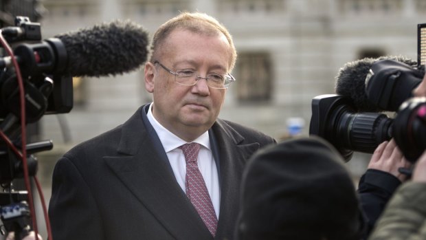 Russian ambassador  to Britain Alexander Yakovenko speaks to the media after being summoned to the Foreign Office in London.