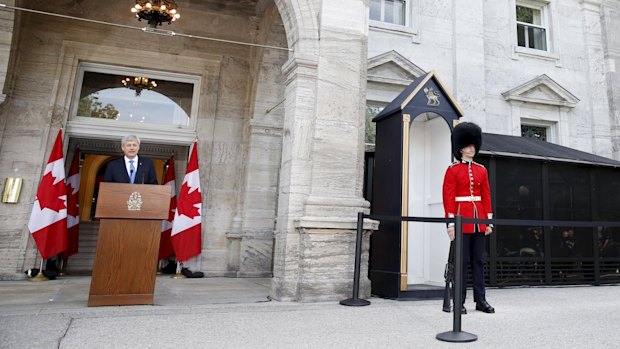 Canadian Prime Minister Stephen Harper door stops at Rideau Hall after asking Governor General David Johnston to dissolve Parliament on Sunday.