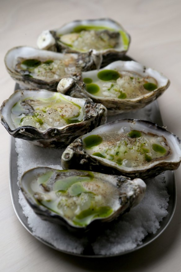 The oysters with white pepper, cucumber and bay oil at Bar Clarine. 