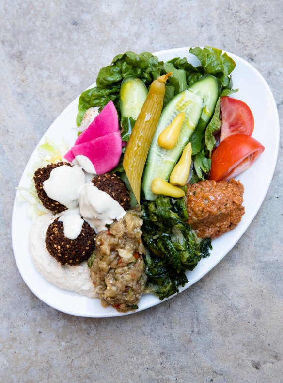 Mezze plate, usually a table-covering feast, squeezed on to a single platter.