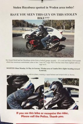 The flyer which helped to locate Heidi Pritchard's stolen Hayabusa motorcycle.