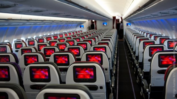 Virgin Australia economy class on an Airbus A330. All passengers on rescue flights will sit in economy, with social distancing measures in place.