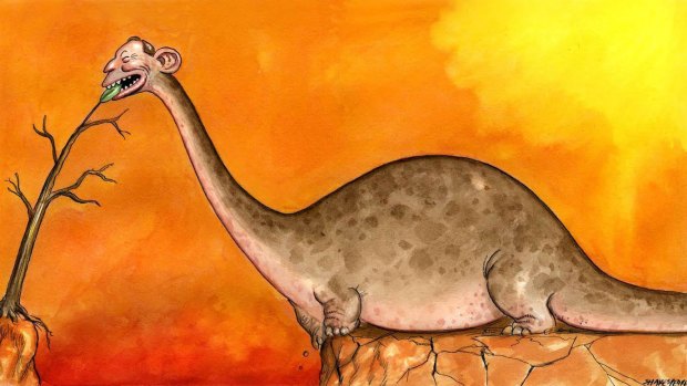 John Shakespeare's original illustration of Tony Abbott as a climate change dinosaur.