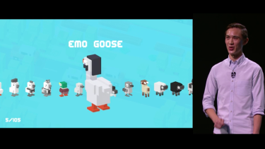 Hipster Whale's Andy Sum demonstrates <i>Crossy Road</i> on the Apple TV.