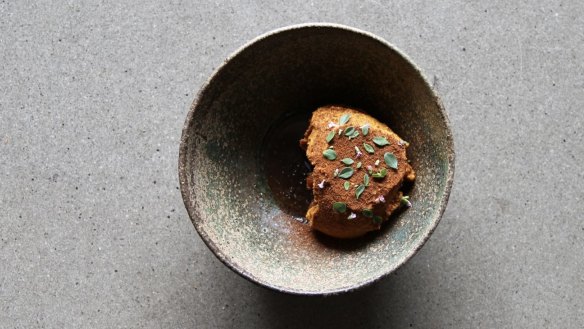 Coffee sorbet speckled with thyme and enveloping carrots turned dessert-worthy with honey butter.