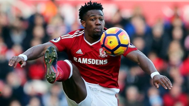 Middlesbrough's Adama Traore brings the ball down against Leicester City.