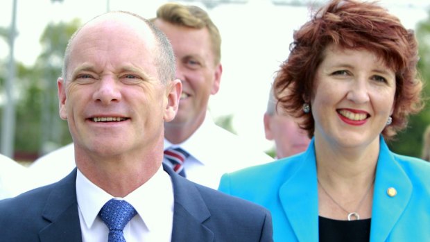 Premier Campbell Newman and Fiona Simpson the speaker walking at the Landsborough Train Station.