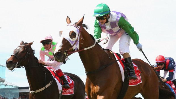 Historic win: Michelle Payne rides Prince of Penzance to win the Melbourne Cup.