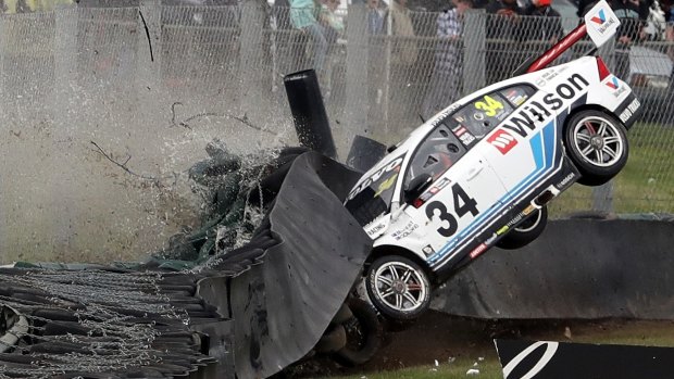 Mad Max scene: James Golding hits the tyre wall at 149km/h to force the first red flag and restart in Sandown history.