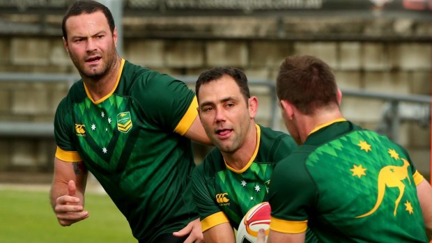 Targets: Boyd Cordner, Cameron Smith and Cooper Cronk train at Langlands Park ahead of the decider against England.